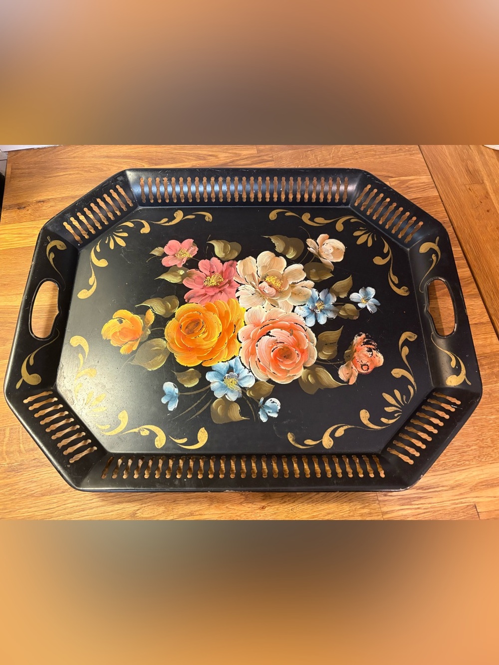Black metal tole tray with handles
